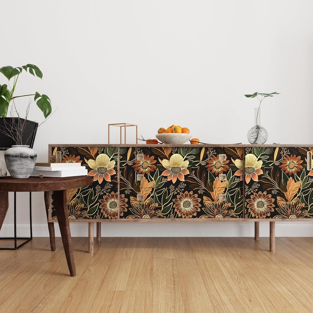 Boho Dark Black Gold Floral Wallpaper Peel and Stick 17.5"x393" | Self Adhesive/Removable/Waterproof/Thick Vinyl