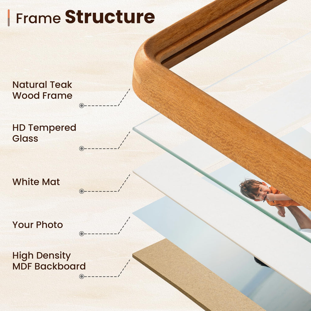 11x14 Picture Frame, Solid Teak Wood, Rounded Corners, Matted 8x10