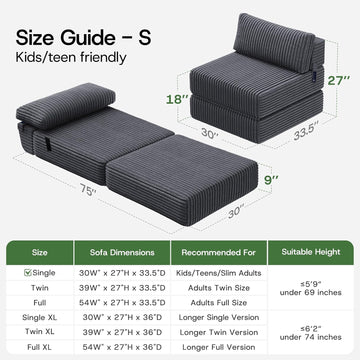 Convertible 4-in-1 Folding Sofa Bed Boneless Sleeper Chair Couch Foldable Chaise Lounger & Mattress Pocket Coils+Foam