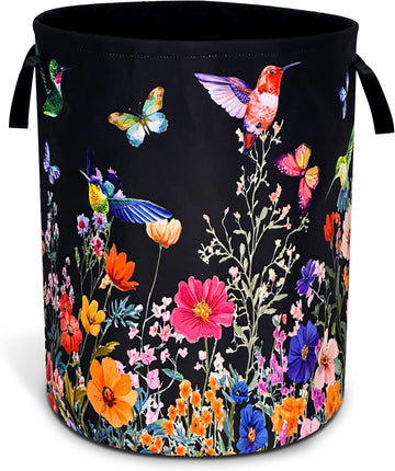 Hummingbird Flowers Laundry Basket Oxford Cloth Butterflies Laundry Hamper | With Handle Foldable Portable Clothes