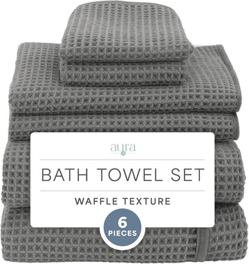 Aura Waffle Bath Towel Set, 6 Pieces, Grey | 2 Bath Towels, 2 Hand Towels, 2 Wash Cloths, Absorbent Microfiber