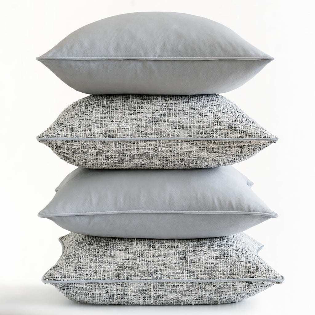 Grey 4 Pack Throw Pillow Covers - Chenille & Velvet Set with Piping, Farmhouse Textured Design Pillow Cases for Couch