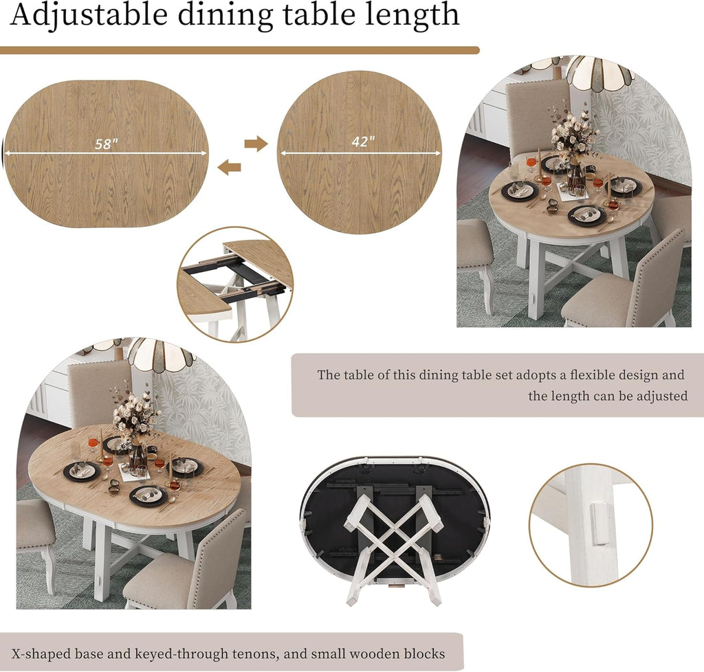 42"-58" Farmhouse Extendable Dining Table for 4-6, Solid Wood Round Dining Table with 16" Leaf & X-Shaped Base