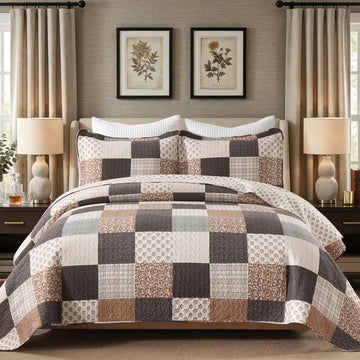 100% Cotton Quilt Set, Cottage Printed Check, Brown Charcoal