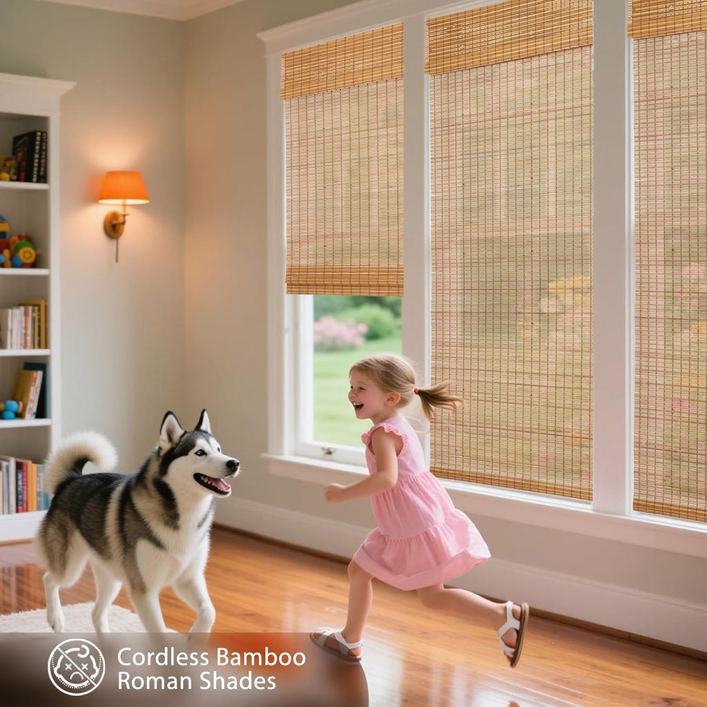 Roman Shades, Exclusive Cordless Natural Woven Wood Bamboo Roman Shades, Custom Blackout Bamboo Window Shades for Indoor Windows