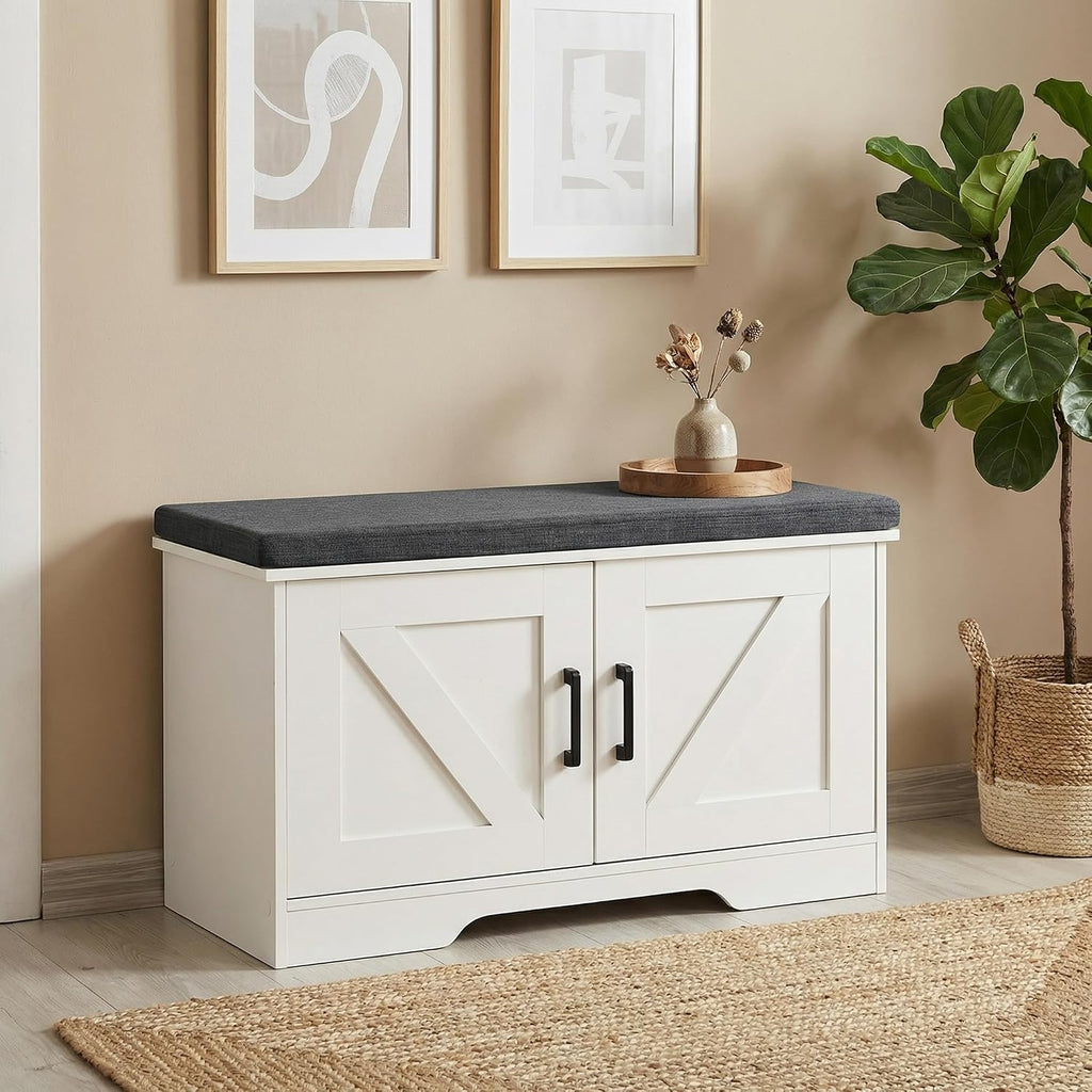 Farmhouse Shoe Storage Bench with 2 Barn Doors & Padded Seat Cushion | 27.6" Wide Entryway Bench with Adjustable