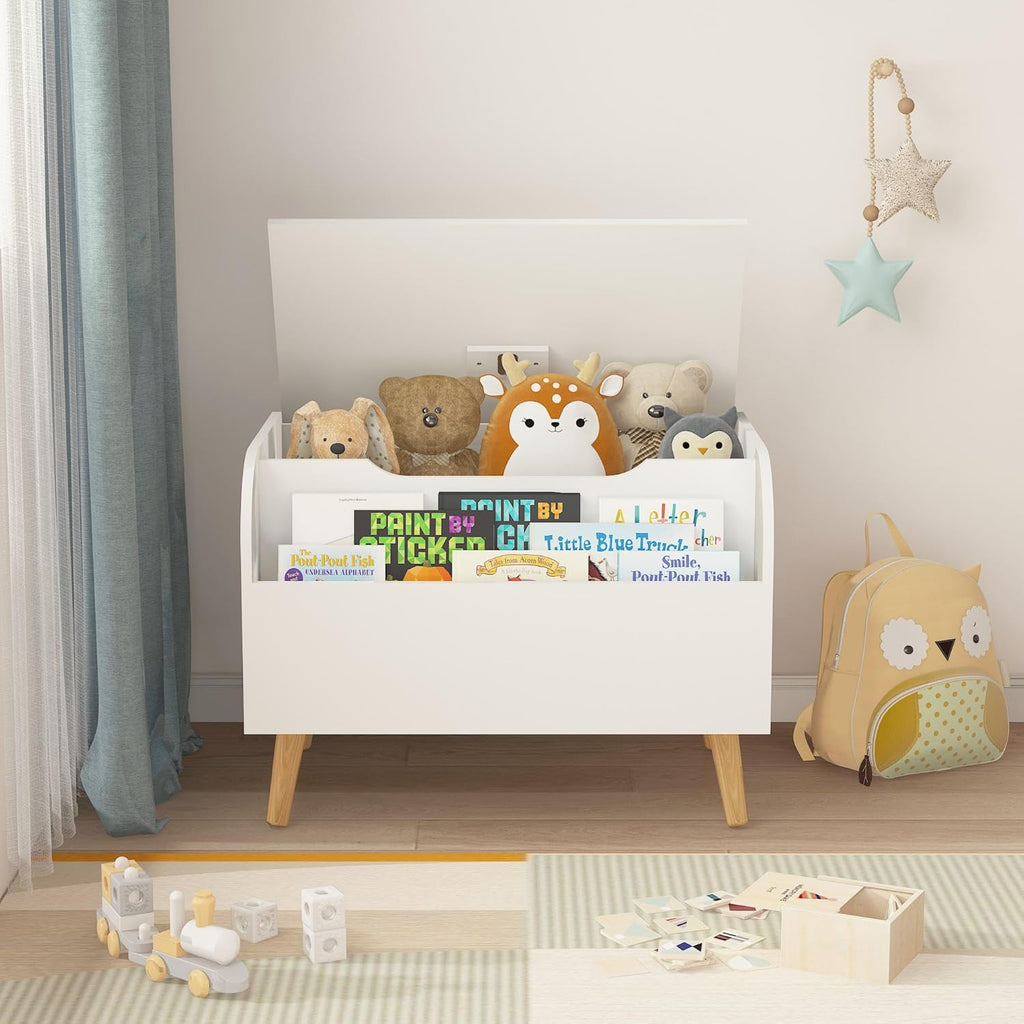Large Toy Box Storage with 4 Wood Legs, Kids Toy Organizer with Front Bookshelf, Flip-Top Lid, Safety Hinge, Wooden