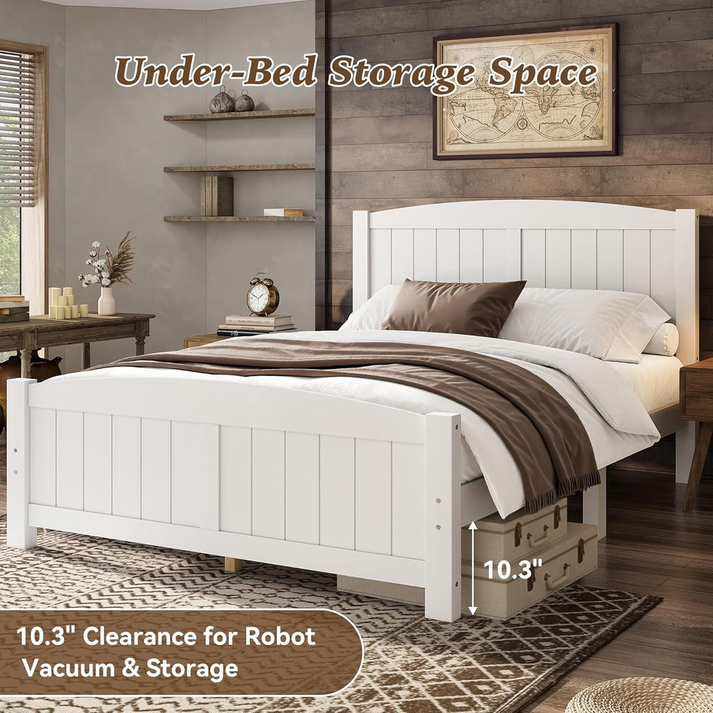 Full Farmhouse Bed Frame with Headboard & Footboard, White Mid-Century Modern Platform Bed Full, Vintage Solid Wood