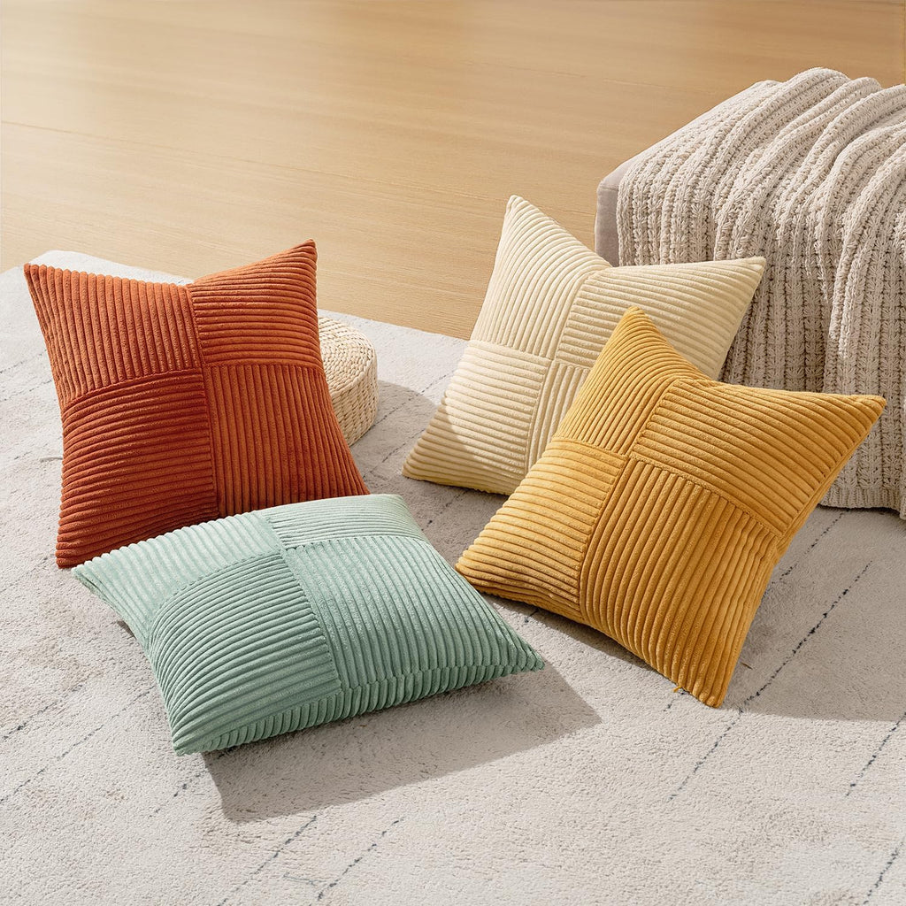 Teal Orange Decorative Throw Pillow Covers 18x18 Inch Set of 4 Boho Corduroy Striped Cushion Cases Modern Farmhouse