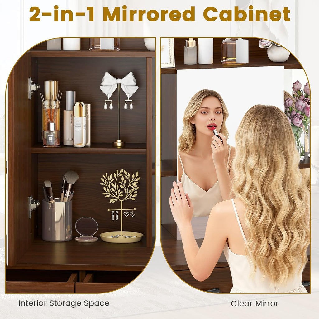 Vanity Desk with Mirror and Stool, Industrial Dressing Table with Power Outlet, 4 Shelves, 2 Storage Drawers, Bedroom