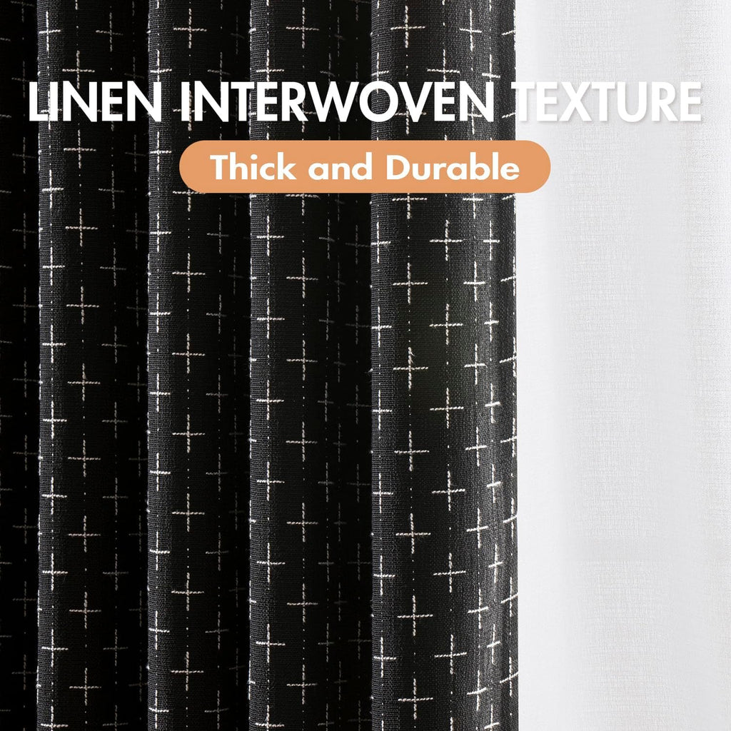 100% Blackout Decorative Linen Curtains with Geometric Pattern, Thick Woven Farmhouse Rustic Patterned Drapes with Back Tab for Bedroom and Living Room, Black, 2 Panels
