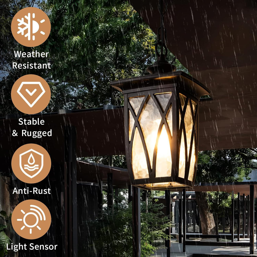 Dusk to Dawn Outdoor Pendant Lantern, 12 Inch Craftsman Style Exterior Hanging Light with Water Ripple Glass