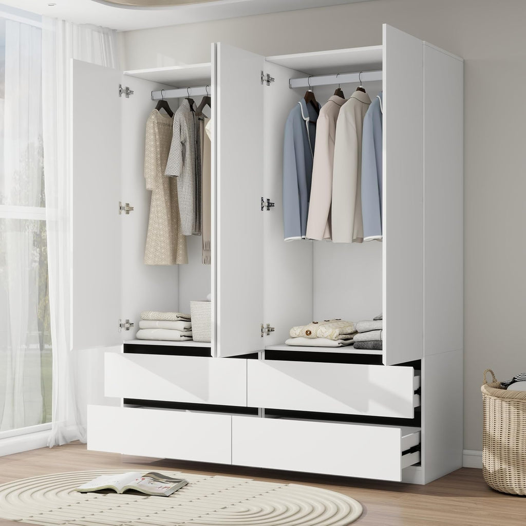 Armoire Wardrobe Closet with Drawers:75" Large White Wardrobe Closet Cabinet with 4 Doors for Hanging Clothes, Modern