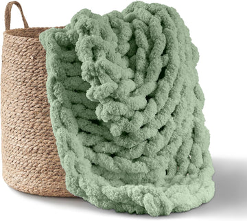 Chunky Knit Blanket Throw | 100% Hand Knit with Jumbo Chenille Yarn (50"x60", Sage Green)