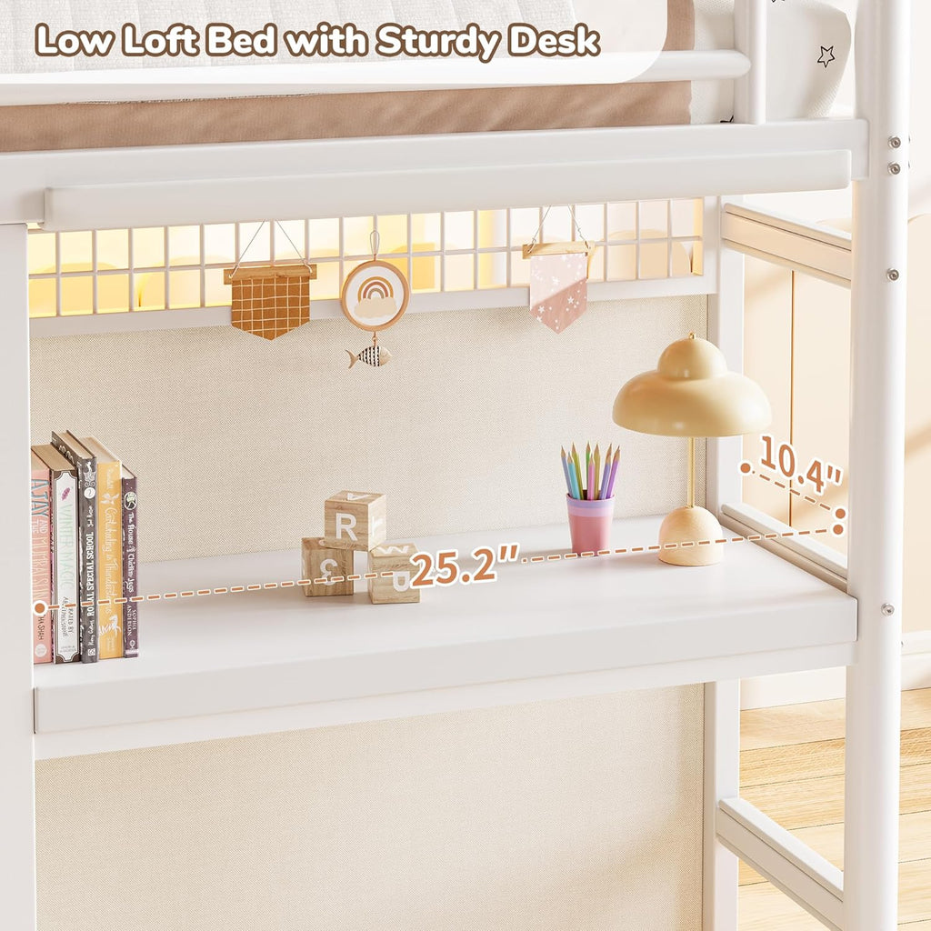 Low Loft Bed Twin with 7 Storage Drawers, Desk and LED Lights