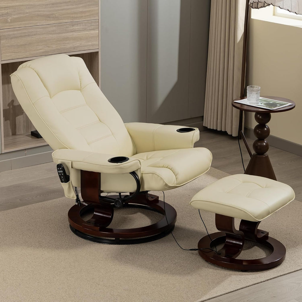 Modern Reclining Lounge Chair and Ottoman — Beige PU Leather