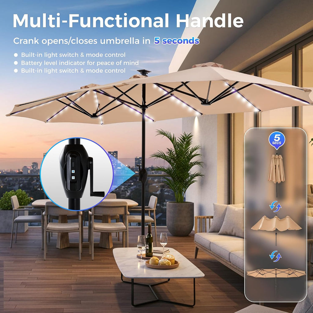 13ft Outdoor Patio Umbrella with Solar Lights, Double-sided Deck Pool Umbrella with 1.5 Inch Pole