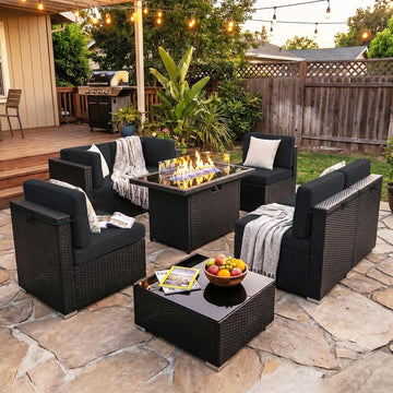 8 Pieces Patio Furniture Set with 44" Propane Gas Fire Pit Table, Outdoor Sectional Wicker Conversation Sofa Sets