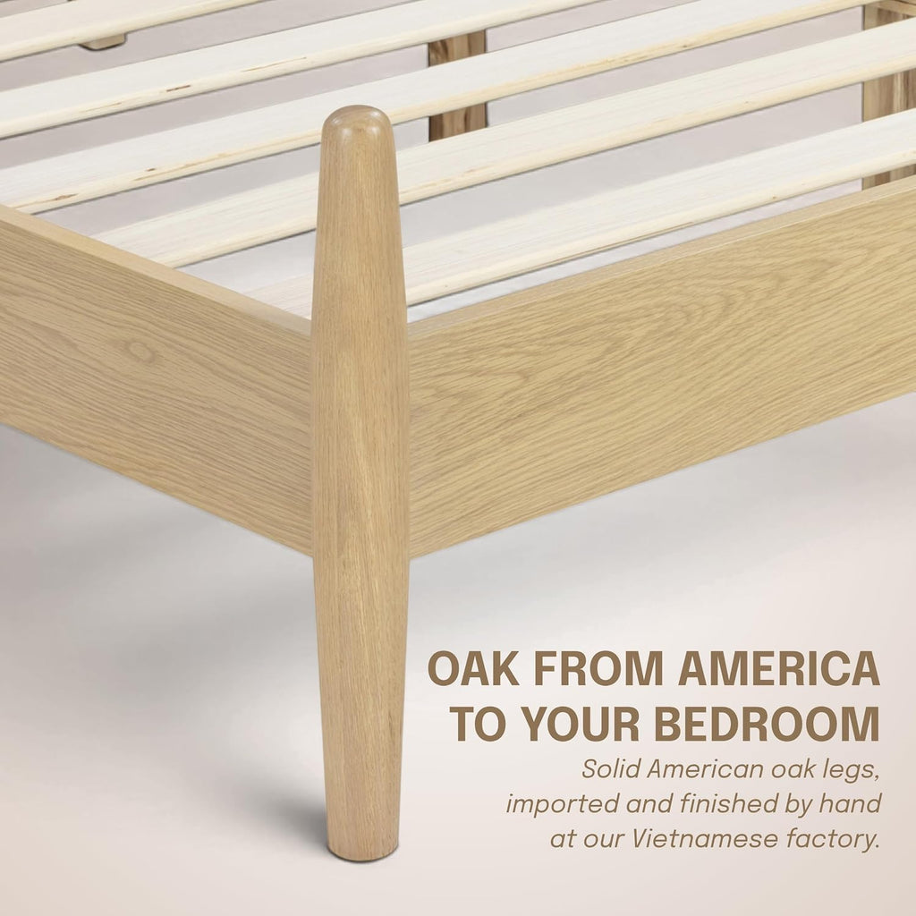 Marenzo Queen Platform Bed with Handwoven Headboard - American Oak Veneer, Solid Oak Legs, Artisan Craftsmanship