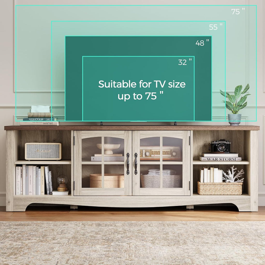 TV Stand for 75 Inch TV, Modern Farmhouse Entertainment Center with Storage Cabinets and Glass Doors, Tall Media