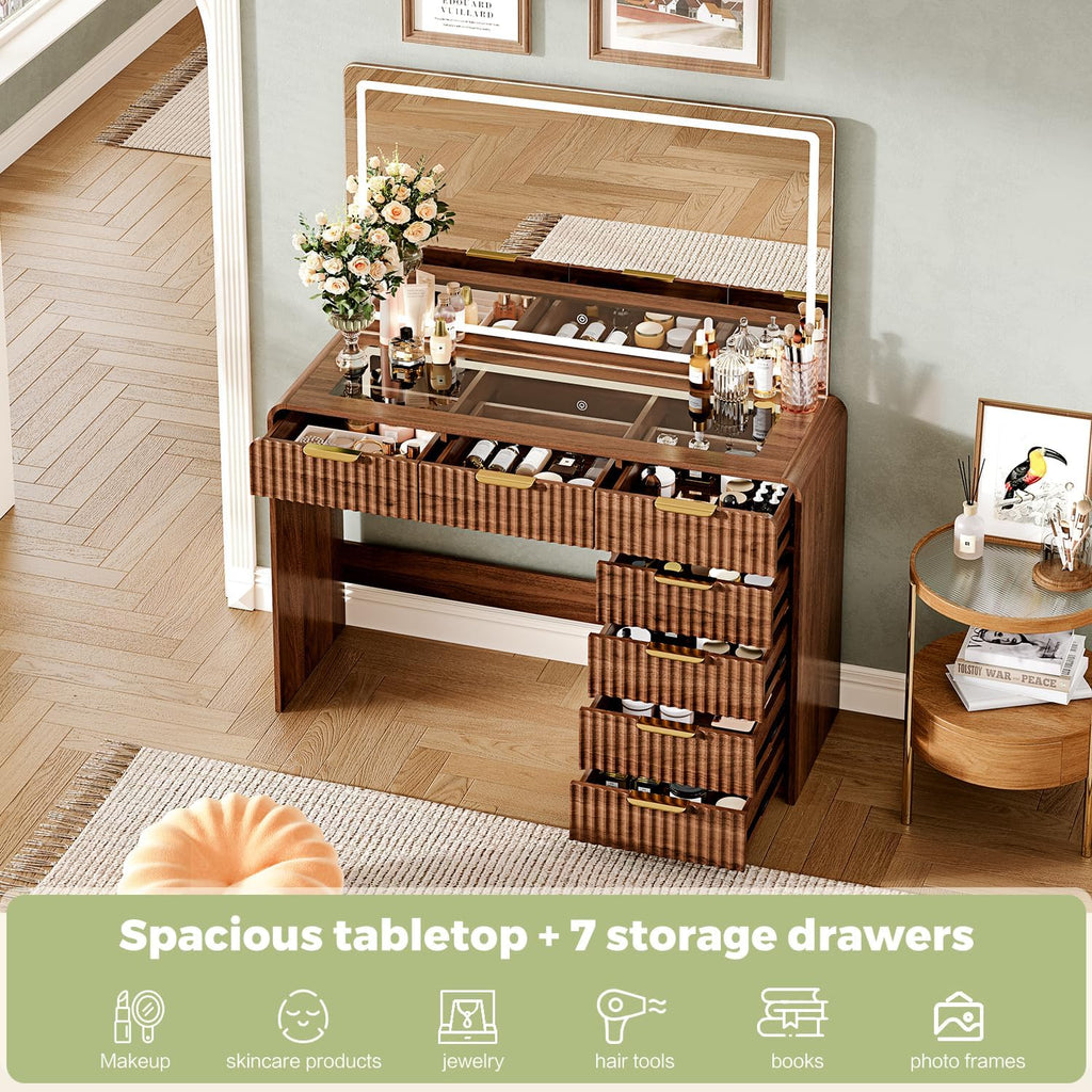 47"Makeup Vanity Desk with 44.8" Mirror and Lights, Vanity Desk with 7 Drawers, Makeup vanity table with a glass