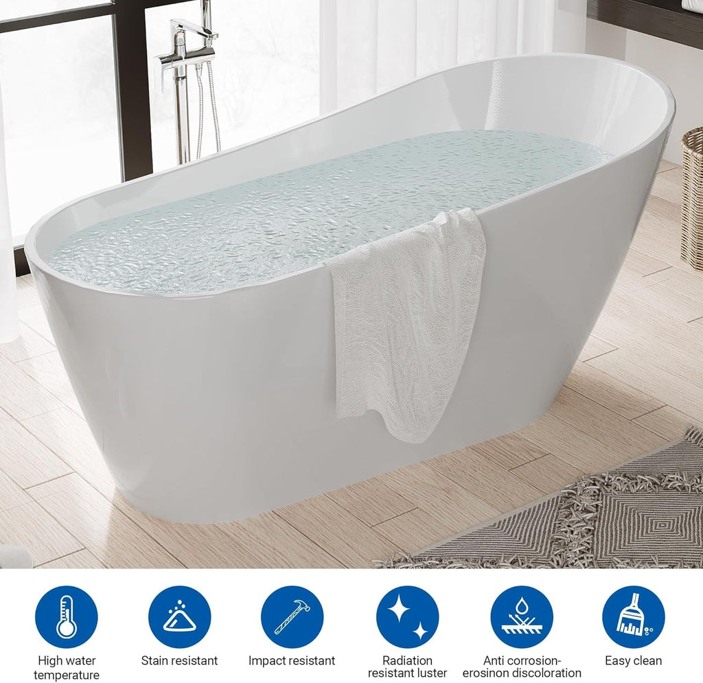 59" Freestanding Bathtub, Black Exterior White Interior Acrylic Stand Alone Soaking Tub, Modern Oval Bath with