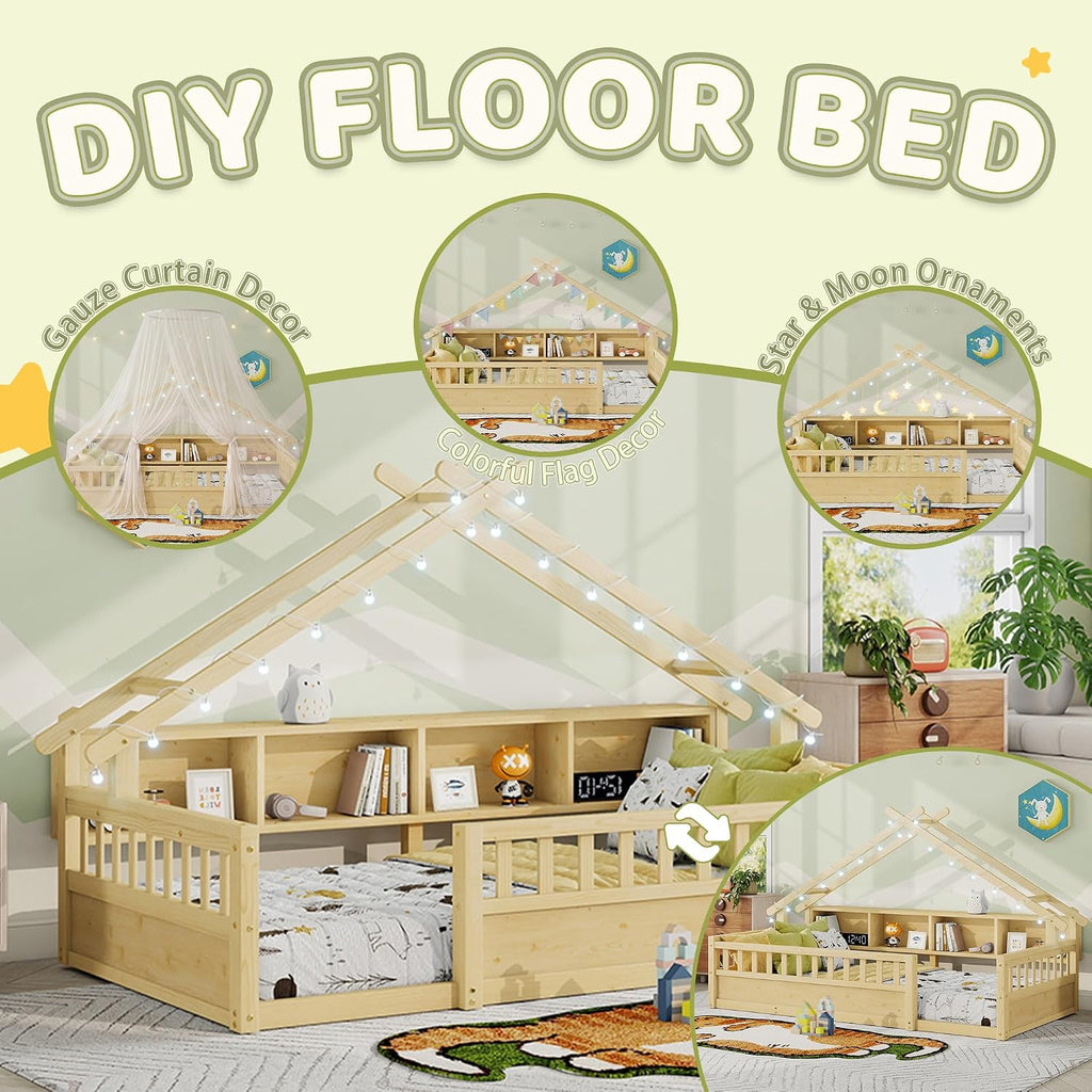 Twin Size Floor Bed with Storage Bookshelves and Light, Wooden Montessori House Bed Frame with Roof Shape, High