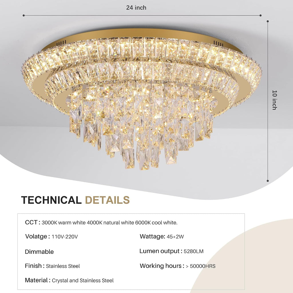 24 inch Flush Mount Crystal Chandelierse with Remote and APP Gold, Modern Elegant LED Crystal Raindrop Ceiling Light