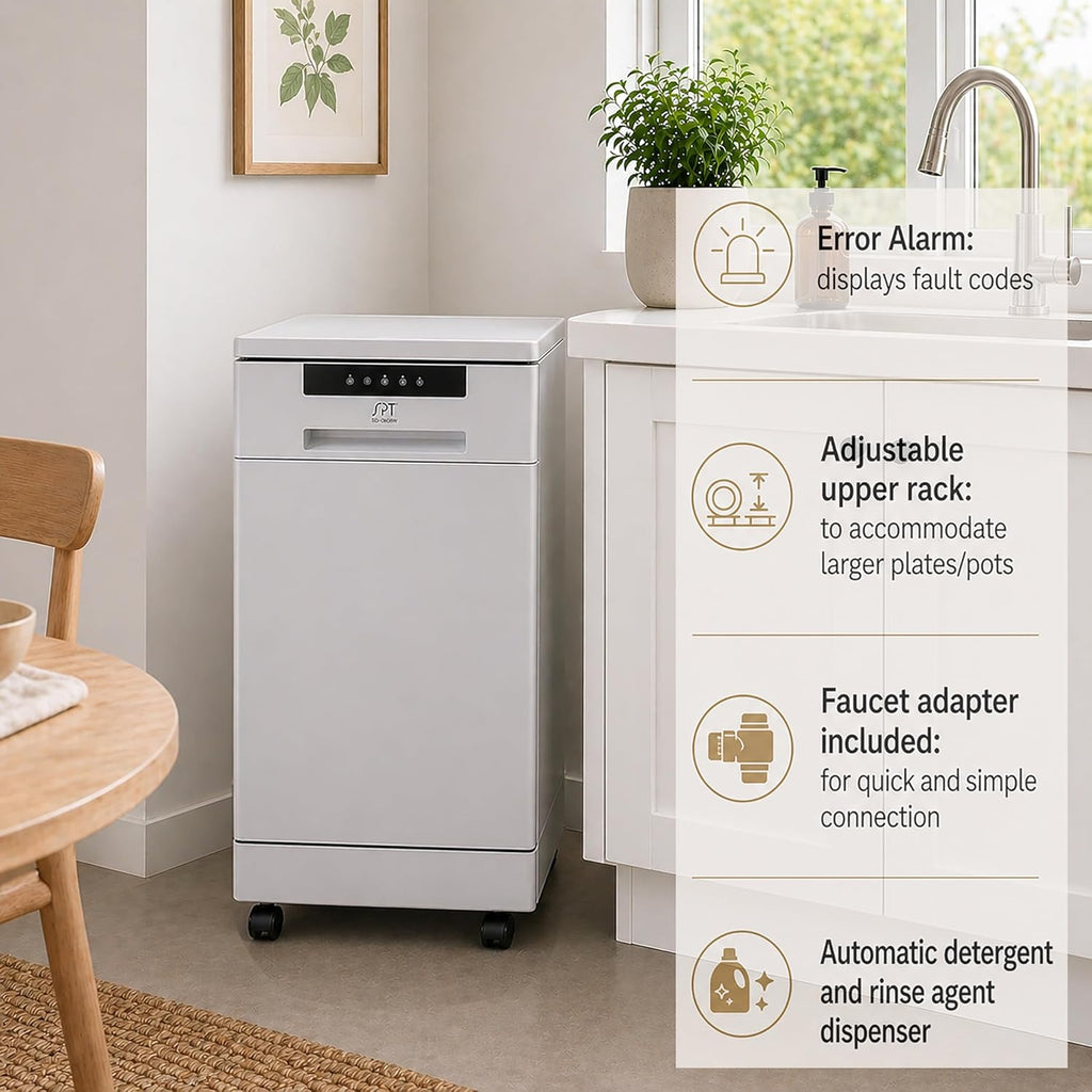 SD-9263WA 18″ Wide Portable Dishwasher with, 6 Wash Programs, 8 Place Settings and Stainless Steel Tub - White