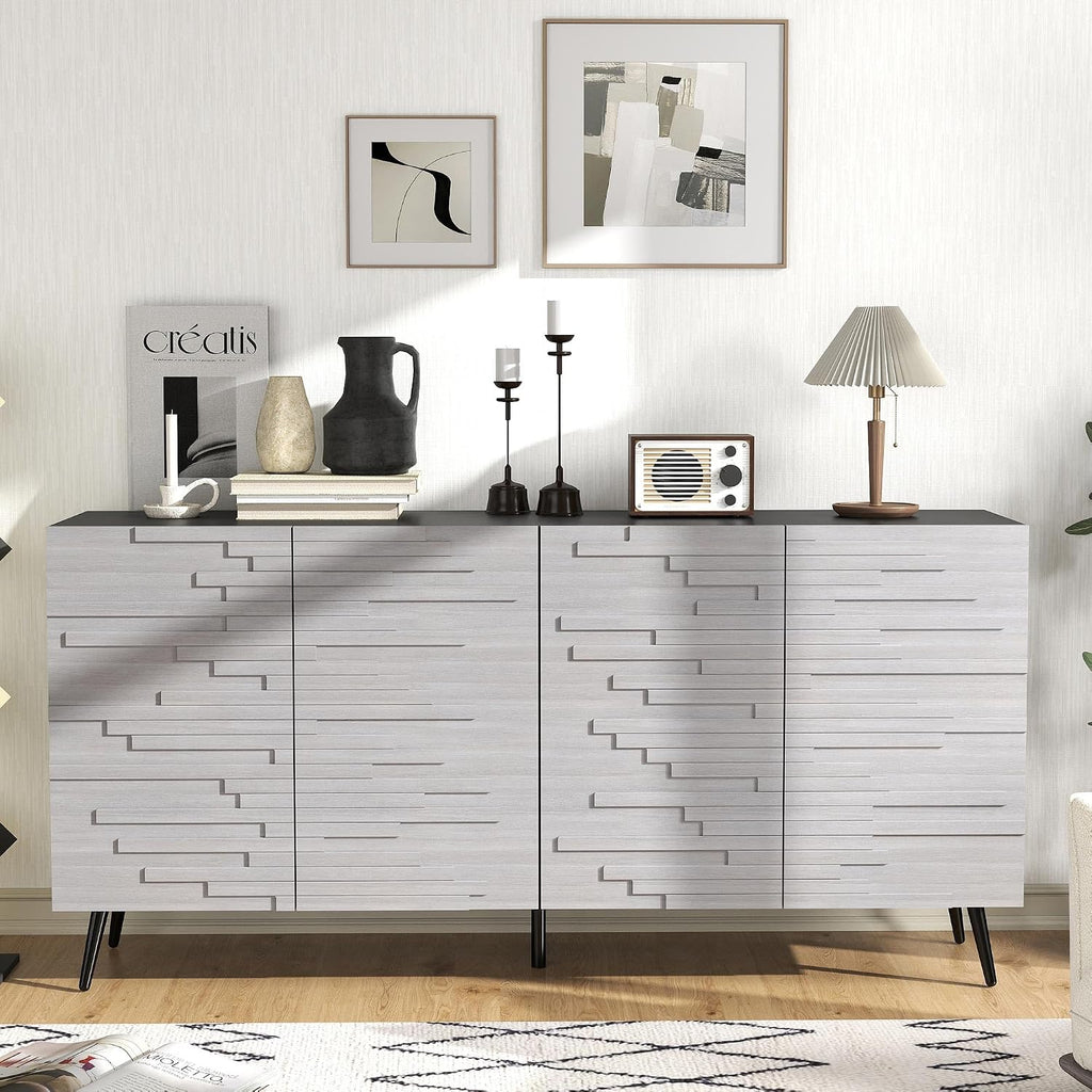 Modern Credenza Storage Cabinet: 63" Grey and Black Fluted Sideboard Buffet Cabinet with 4 Doors, Mid Century Wood