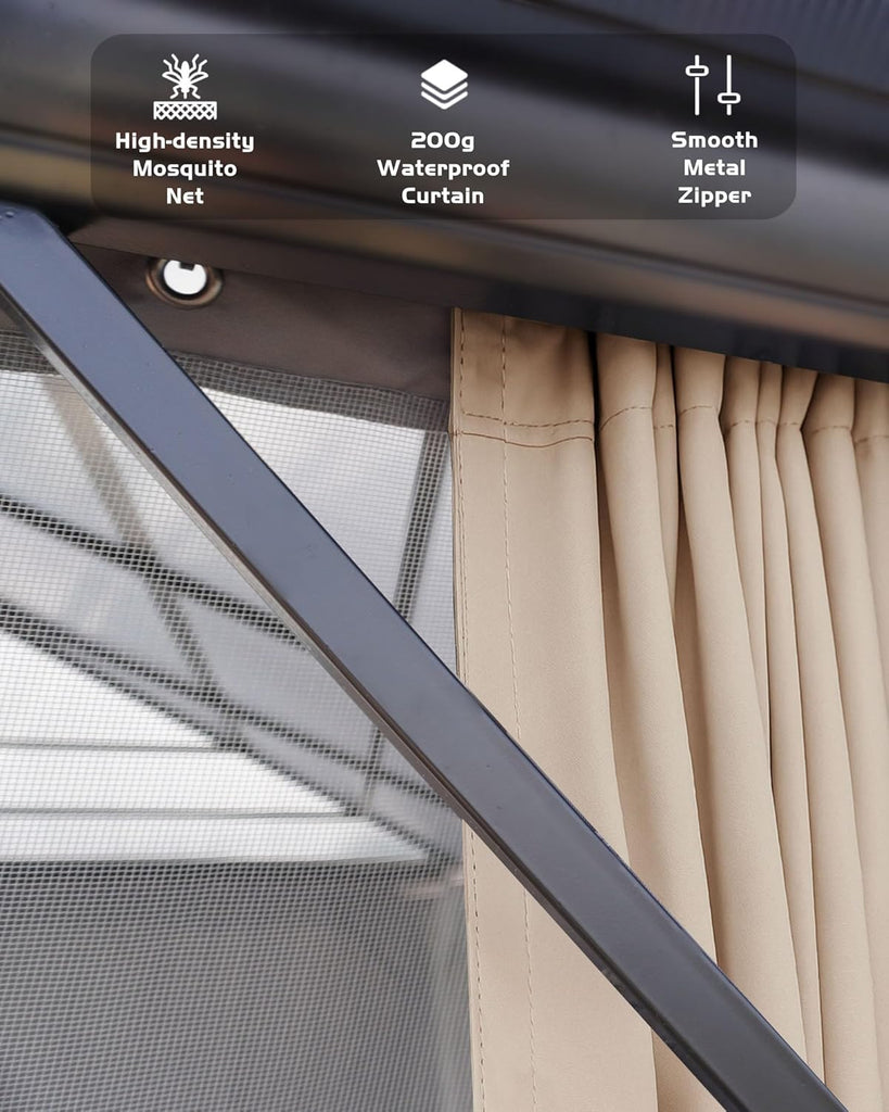 Hardtop Gazebo 12 ft x16 ft for All Weather, Double Polycarbonate Sheets Roof, Aluminum Alloy Frame, Net
