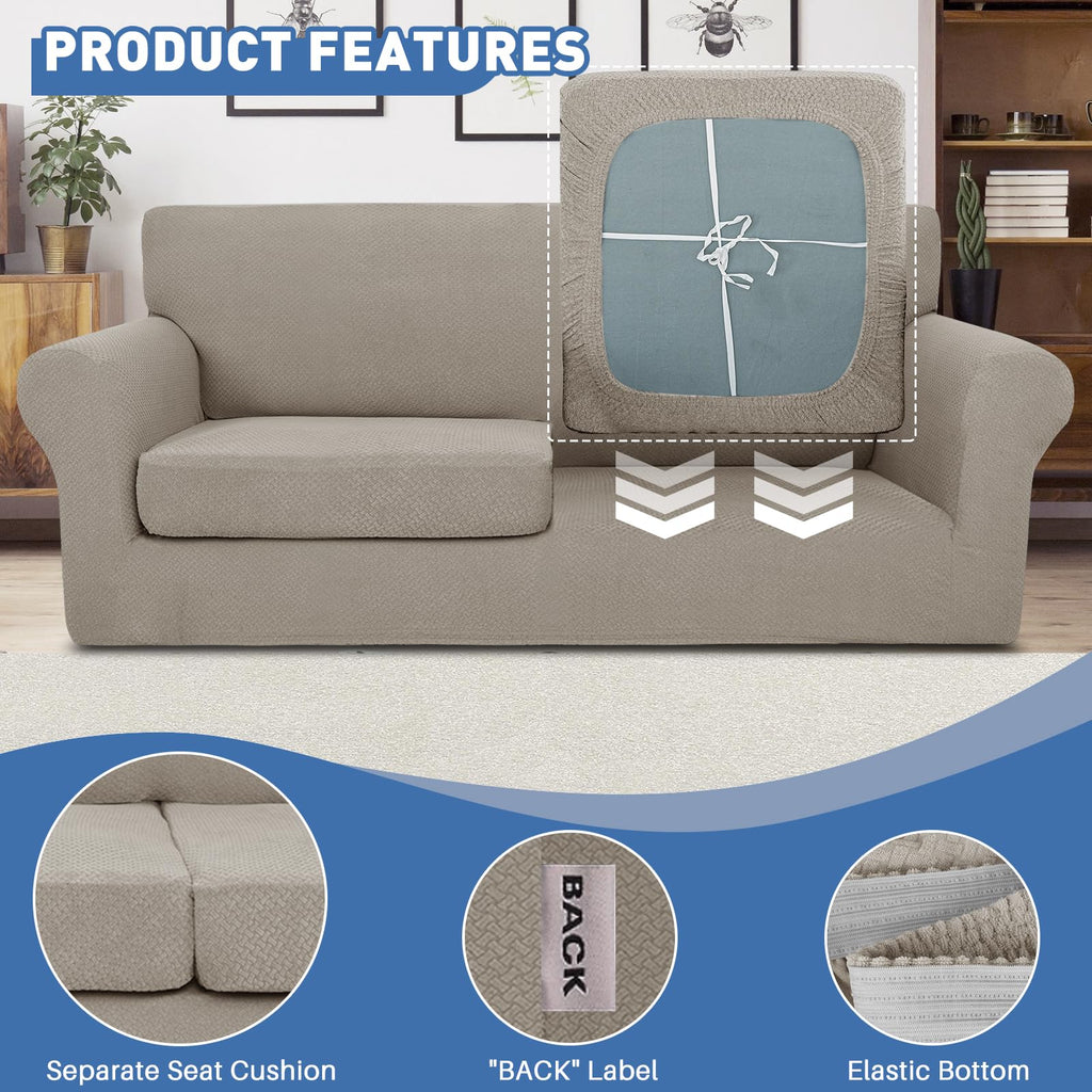 3 Pieces Couch Covers for 2 Cushion Couch Stretch Sofa Slipcover with 2 Extra Large Seat Cushion Covers Thick Fitted