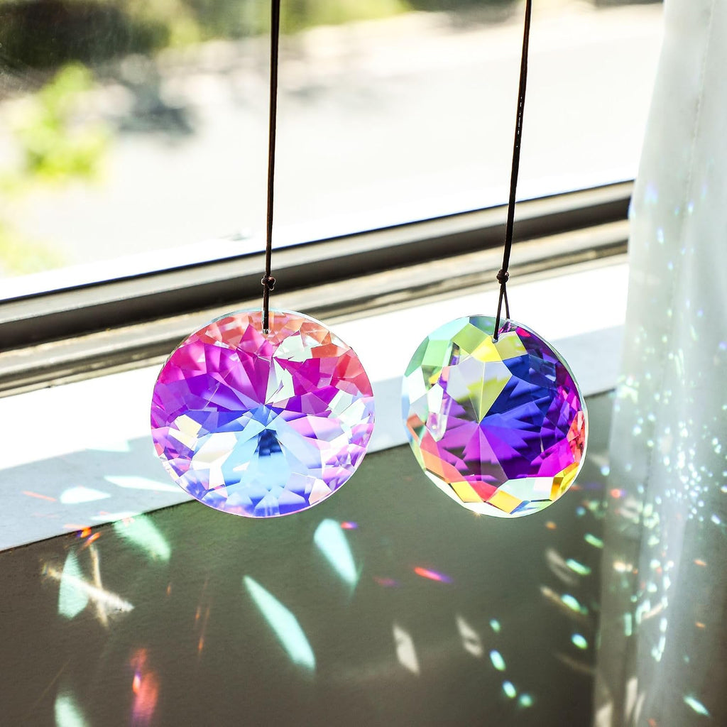 3 Inch Round Crystal Prism Suncatcher, AB Color Rainbow Maker - Faceted Crystal Pendant, Window Hanging Ornament