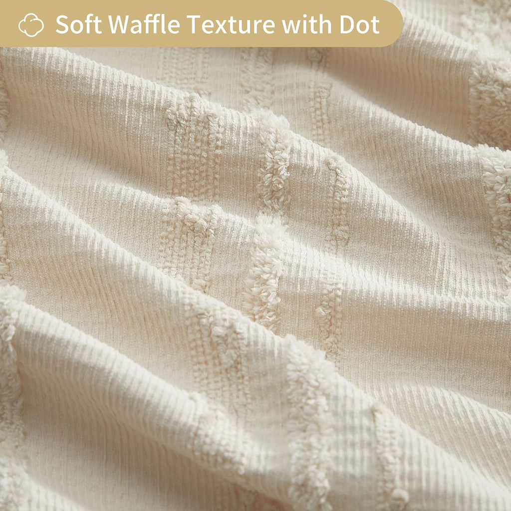 Beige Shower Curtain Boho, 72 x 72 Cotton Blend Waffle Weave Stripe Textured Heavy Duty, Fabric Shower Curtain