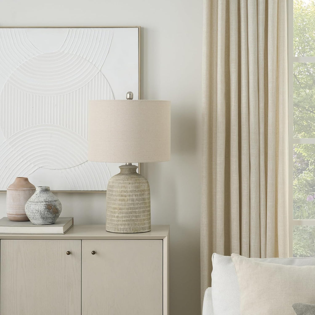 Home 24" Eggshell (Beige) Textured Honeycomb Cottage Farmhouse Table Lamp Table, Living Room, Dining, Entryway