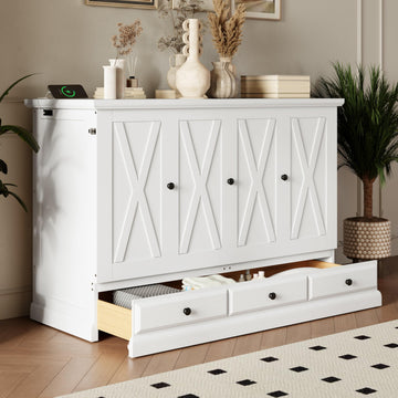 Full Size Murphy Bed, Solid Pine Wood Farmhouse Full Murphy Bed Frame Chest Cube Cabinet with Charging Station and