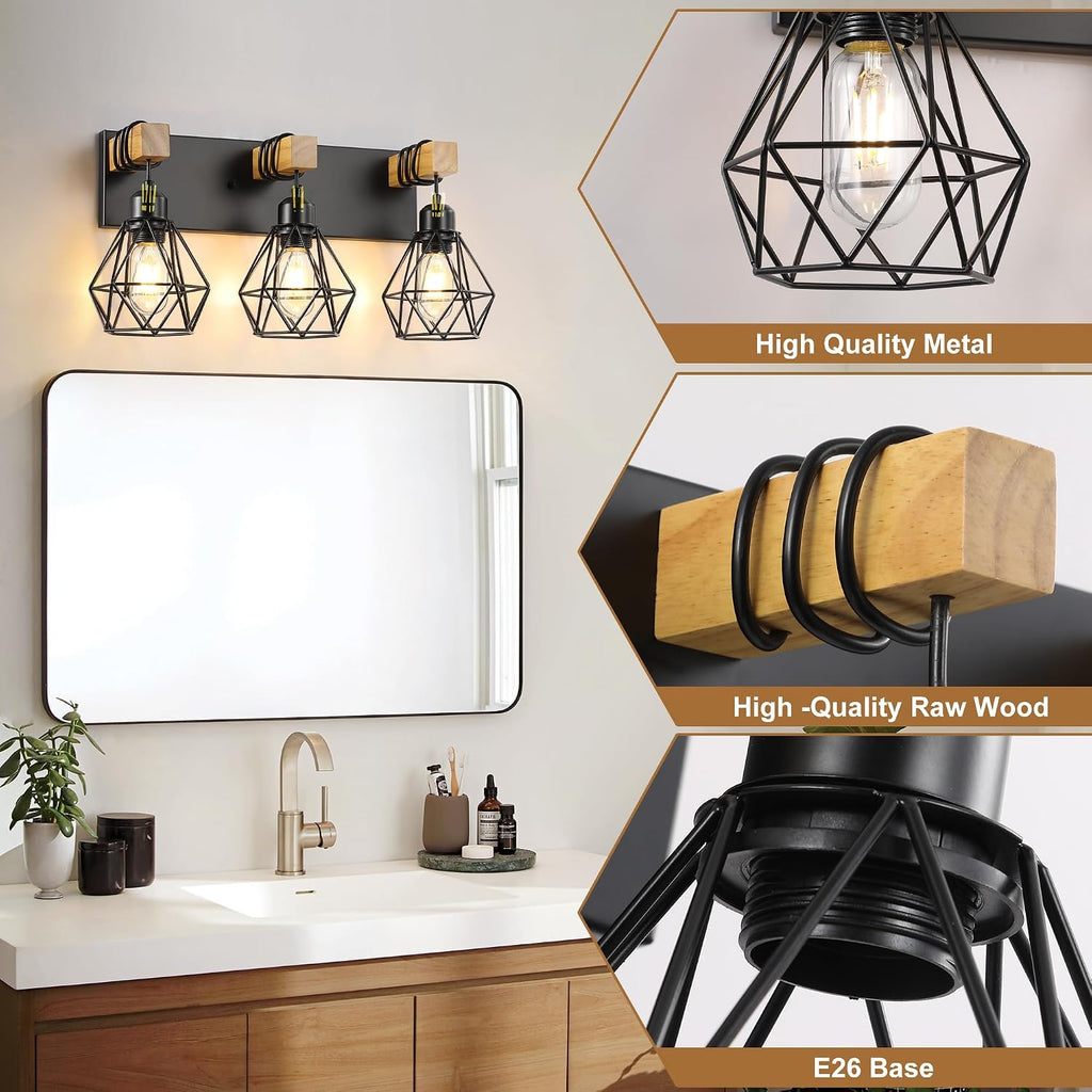 3 Light Bathroom Vanity Light, Farmhouse Black Fixture Over Mirror | Farmhouse Bathroom Light Fixtures, Wood & Metal