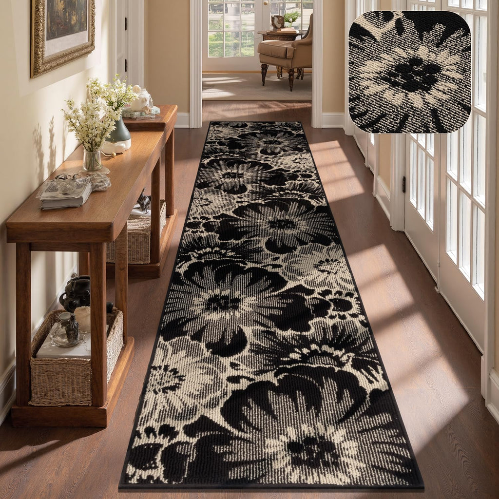 Hallway Runner Rug 2x10, Non Slip High-Low Textured Floral Washable Runner Rug with Rubber Backing, 
