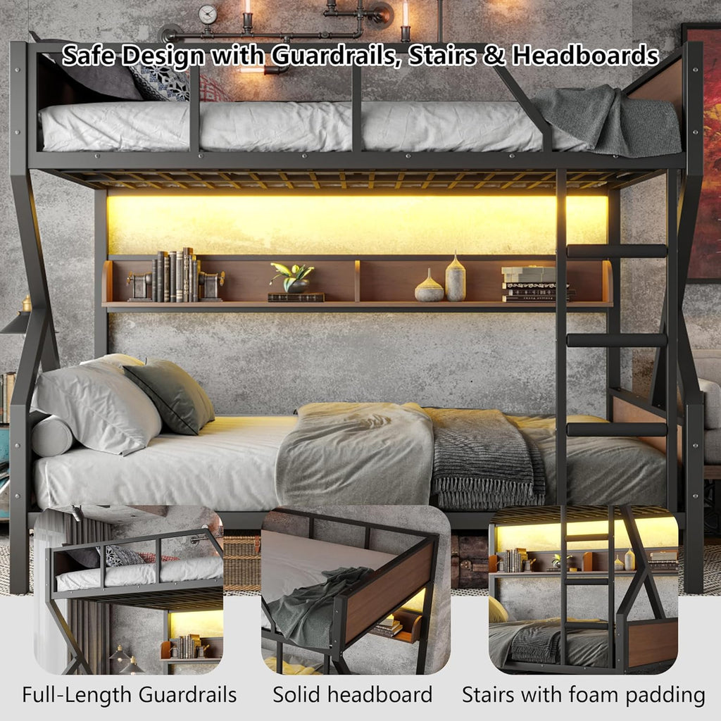 Queen over Queen Bunk Bed with Storage Shelves, Metal Bunk Beds with Ladders and LED Lights