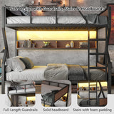 Queen over Queen Bunk Bed with Storage Shelves, Metal Bunk Beds with Ladders and LED Lights