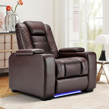 Power Home Theater Seating, PU Leather Electric Recliner Chair with Powered Headrest, Dual Motors Movie Reclining Chairs with LED Lights,USB Port, Cup Holders, Hidden Arm Storage (Brown)