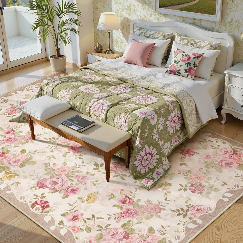 Floral Washable Rugs 9x12, Large Area Rugs 9x12 Living Room,Soft Non-Slip Thin Vintage Boho Bedroom 