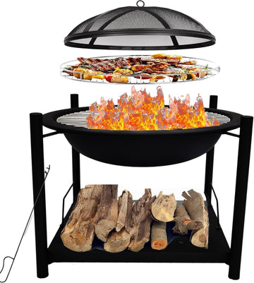 Outdoor Wood Fire Pit - 26" Steel BBQ Grill with Mesh Spark Screen, Log Grate, Fire Poker & Cover for Camping, Picnic