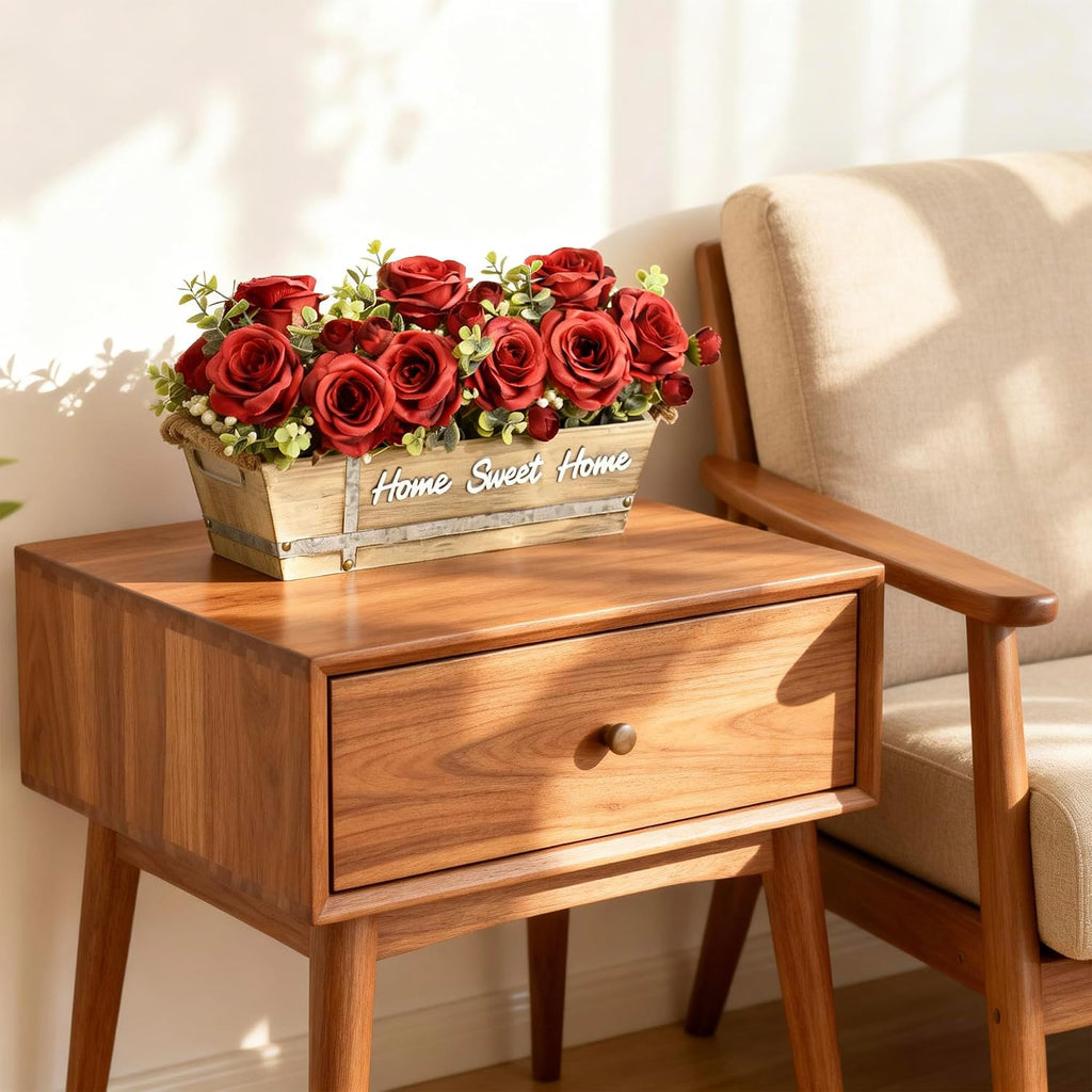Artificial Rose Flower Arrangement with Eucalyptus in Wooden Planter, Faux Flowers Farmhouse Table Centerpiece