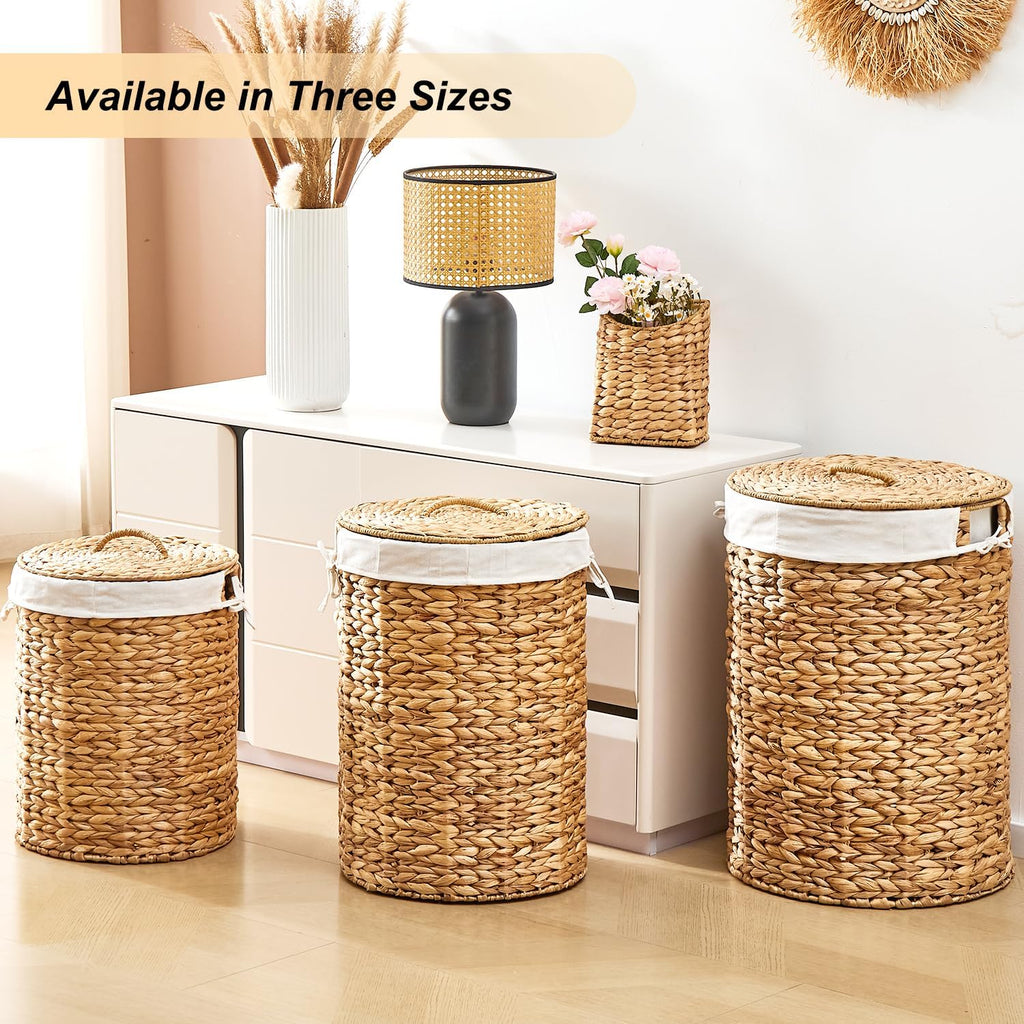 Round Water Hyacinth Laundry Hamper with Lid Handwoven Wicker Basket with Handles for Dirty Clothes, Storage, and