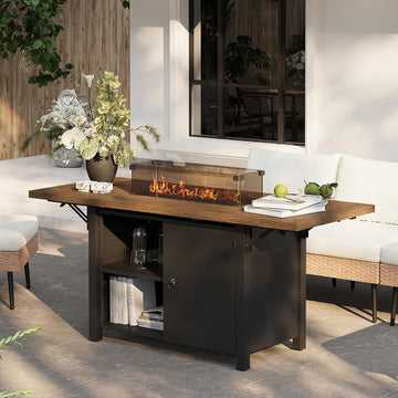 55" Propane Fire Pit Table,50000btu Gas Fire Pit Table with Brown Windshield & Lava Rock,2 in 1 Foldable Expansion