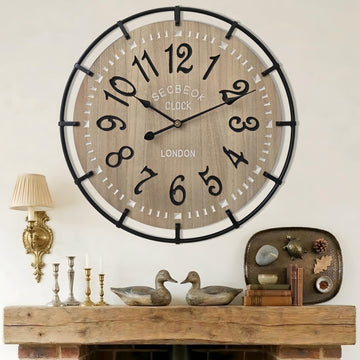 24 Inch Large Farmhouse Wall Clock, Metal Rustic Wood with Silent Quartz Movement, Easy Read Arabic Numerals, Battery
