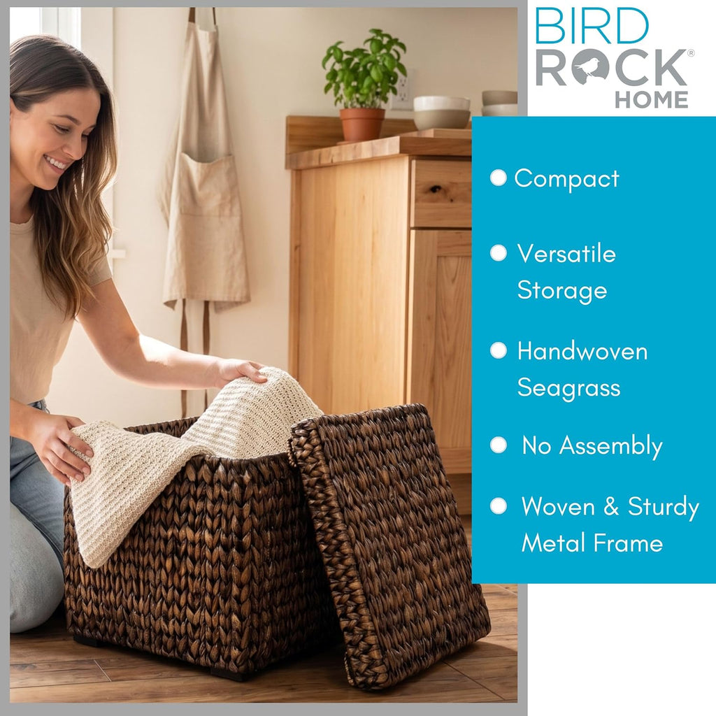 Storage Cube Box with Lid - Brown Wash Seagrass - Large Hand Woven Floor Container for Blankets Pillows - Sturdy