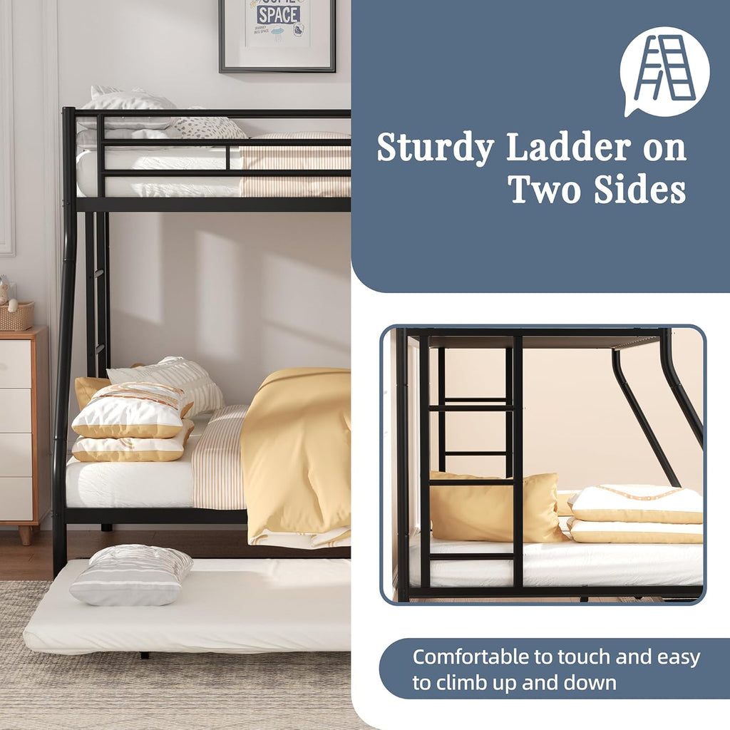Bunk Bed Twin Over Full with Trundle, Heavy-Duty Twin&Full Frame with Full-Length Guardrail and Two Ladders