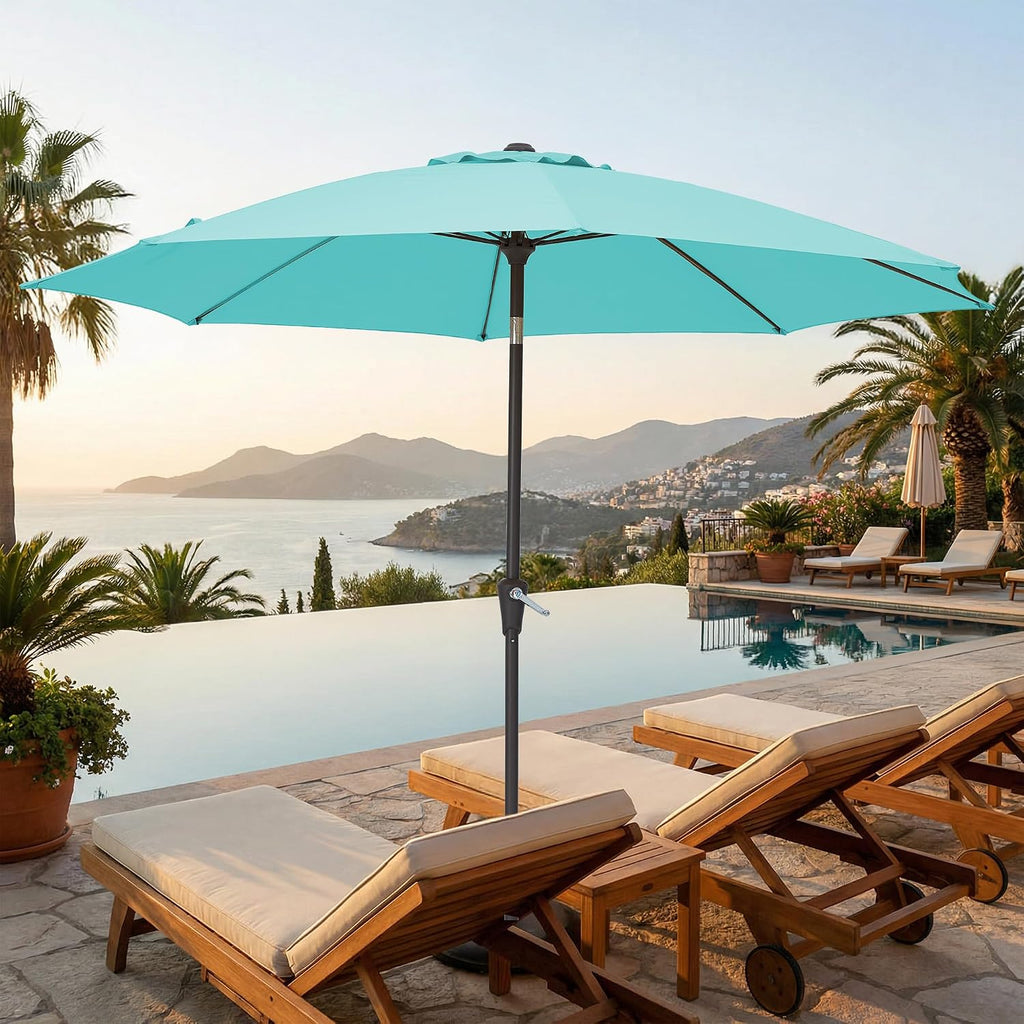 9FT Outdoor Patio Umbrella,Market Table Umbrella with 8 Fiberglass Ribs, Pool Umbrella with Tilt and Crank - Peacock Blu